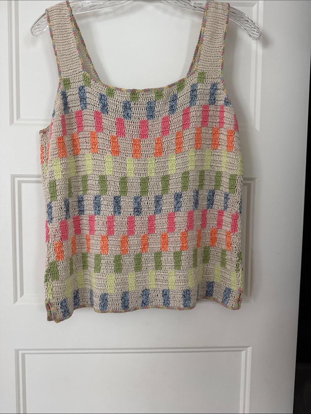 Sigrid Olsen Beige Crochet Tank with Pink, Orange, Green and Blue Check Accents - Picture 5 of 6